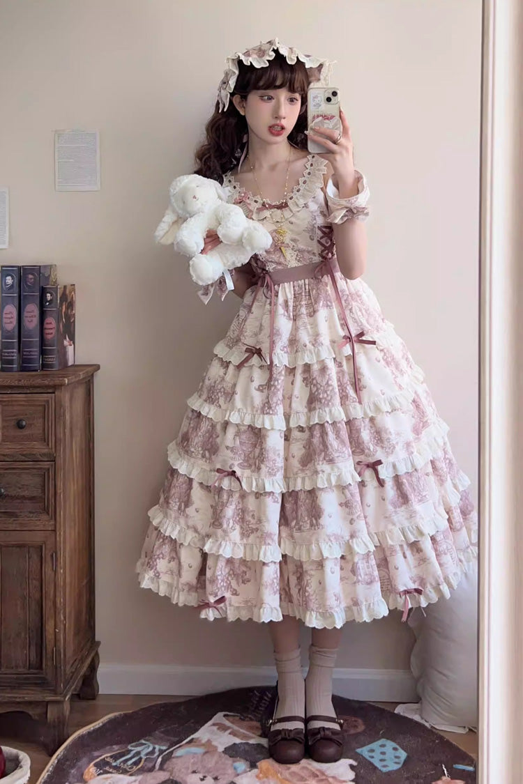 Smoky Purple Grape Moon Almanac Sleeveless Multi-Layered Printed Ruffled Bow Adjustable-Length Sweet Lolita Jsk Dress