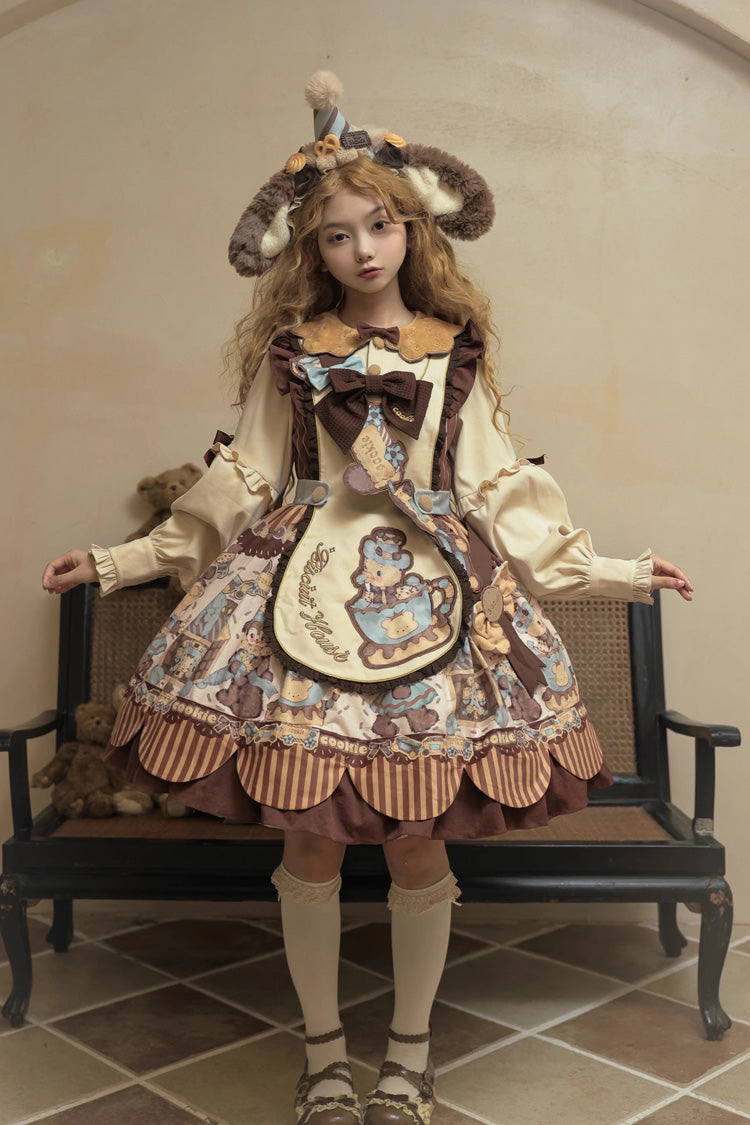Bear Cookies Print Long Sleeves Ruffle Bowknot Sweet Lolita OP Dress 2 Colors
