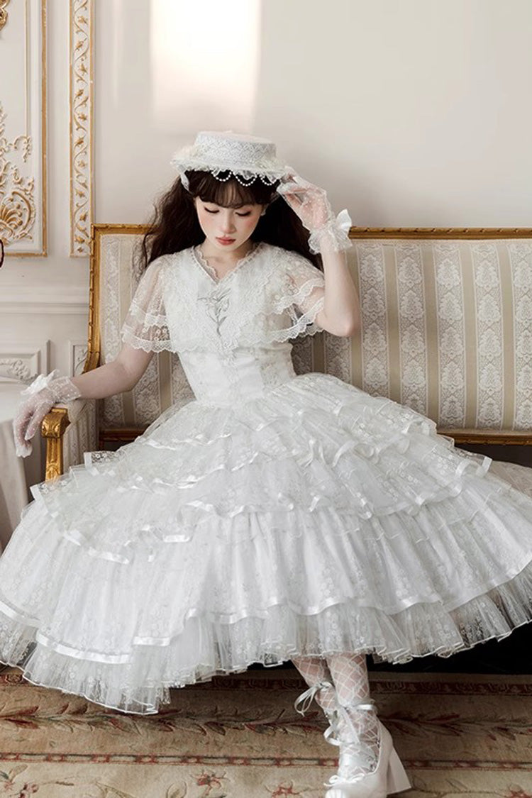 White Morning Dew Lily Short Sleeves Multi-Layered Ruffle Embroidery Sweet Elegant Lolita Dress