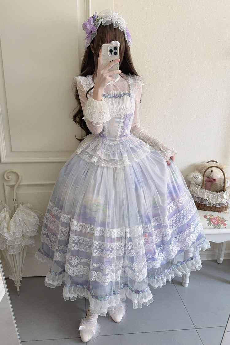 Light Purple Mist-shrouded Vineyard Sleeveless Ruffle Bowknot Lace-Up Sweet Lolita Jsk Skirt Dress Set