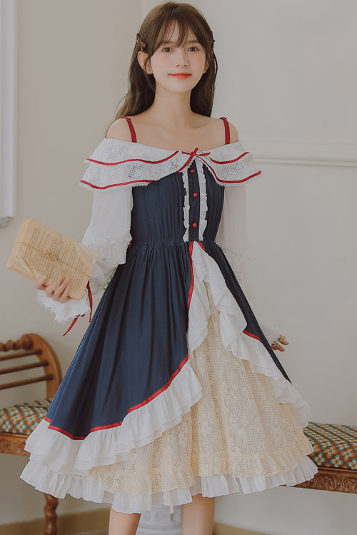 Blue/White Strapless Ruffled Long Sleeve ChiffonHigh Waisted Sweet Lolita Dress