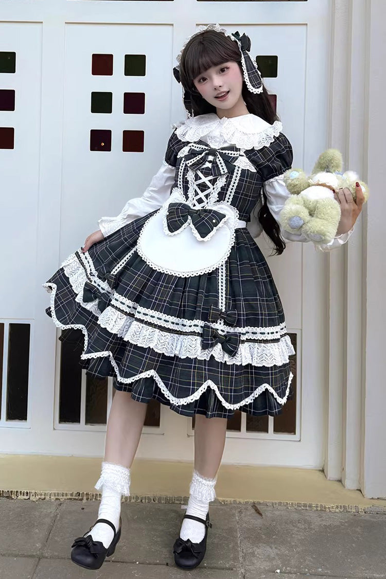 Green Gingham Petal Bunny Short Sleeves Printed Ruffled Bow Sweet Lolita OP Dress