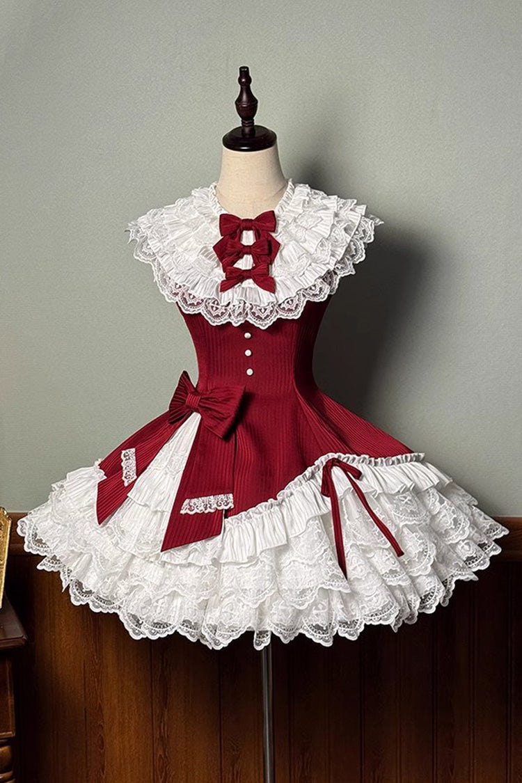 Red Miss Tsundere Sleeveless Multi-Layered Ruffle Bowknot Lace Asymmetric Sweet Princess Lolita Dress