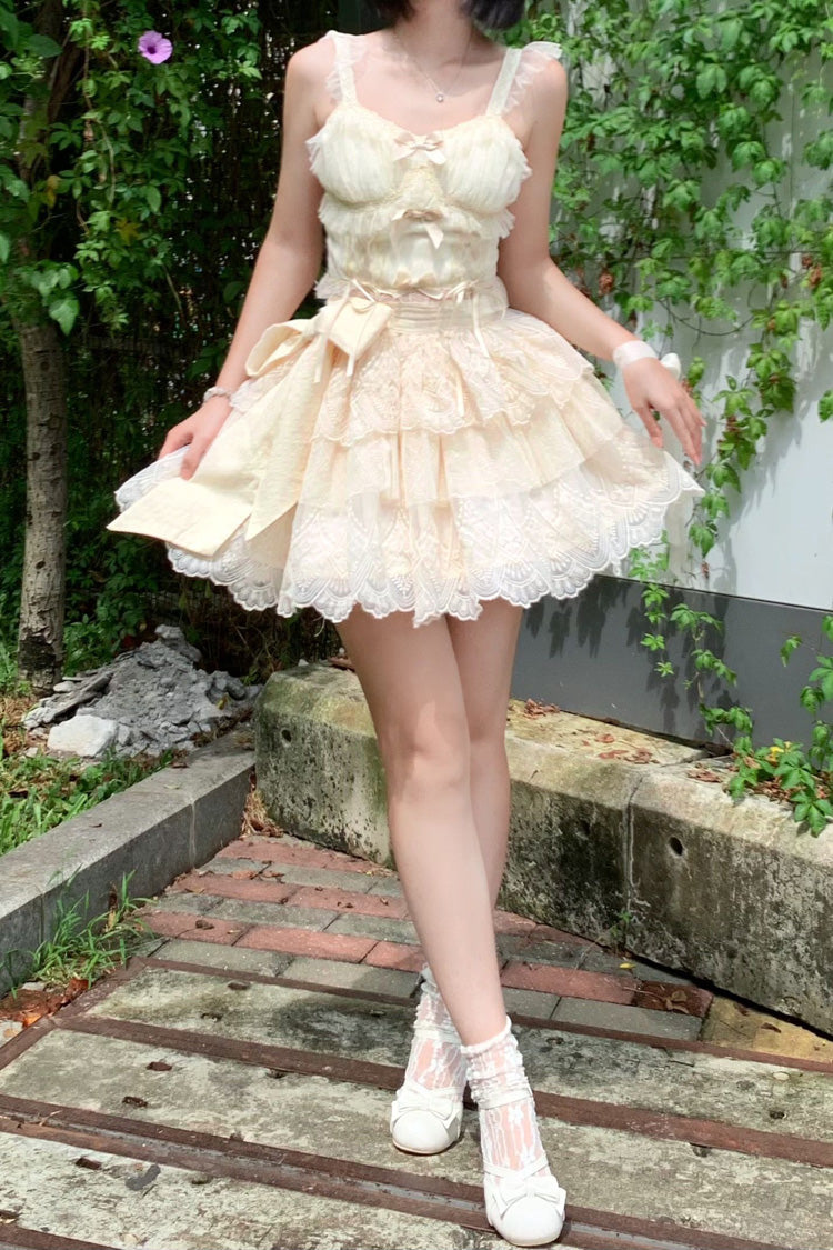 Ivory Tidal Triple-Layered Ruffle Bowknot Sweet Lolita Skirt 2 Versions