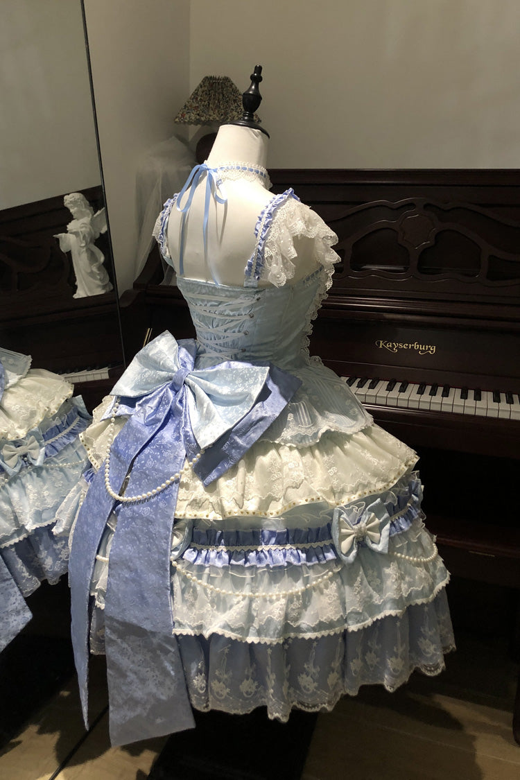 Blue Falling Sakura Multi-Layered Ruffled Hanayome Bow Lace Sweet Plus Size Princess Lolita Jsk Dress