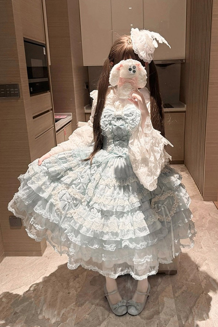 Blue Sweetheart Diary Multi-Layered Ruffle Hanayome Embroidery Bowknot Lace Sweet Lolita Jsk Dress