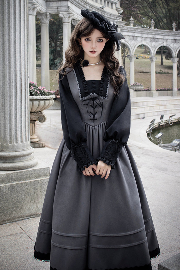 Grey Mist Chronicle Square Collar Long Sleeves Bowknot Lace-Up Color-Block Fake Two Pieces Classic Lolita Dress