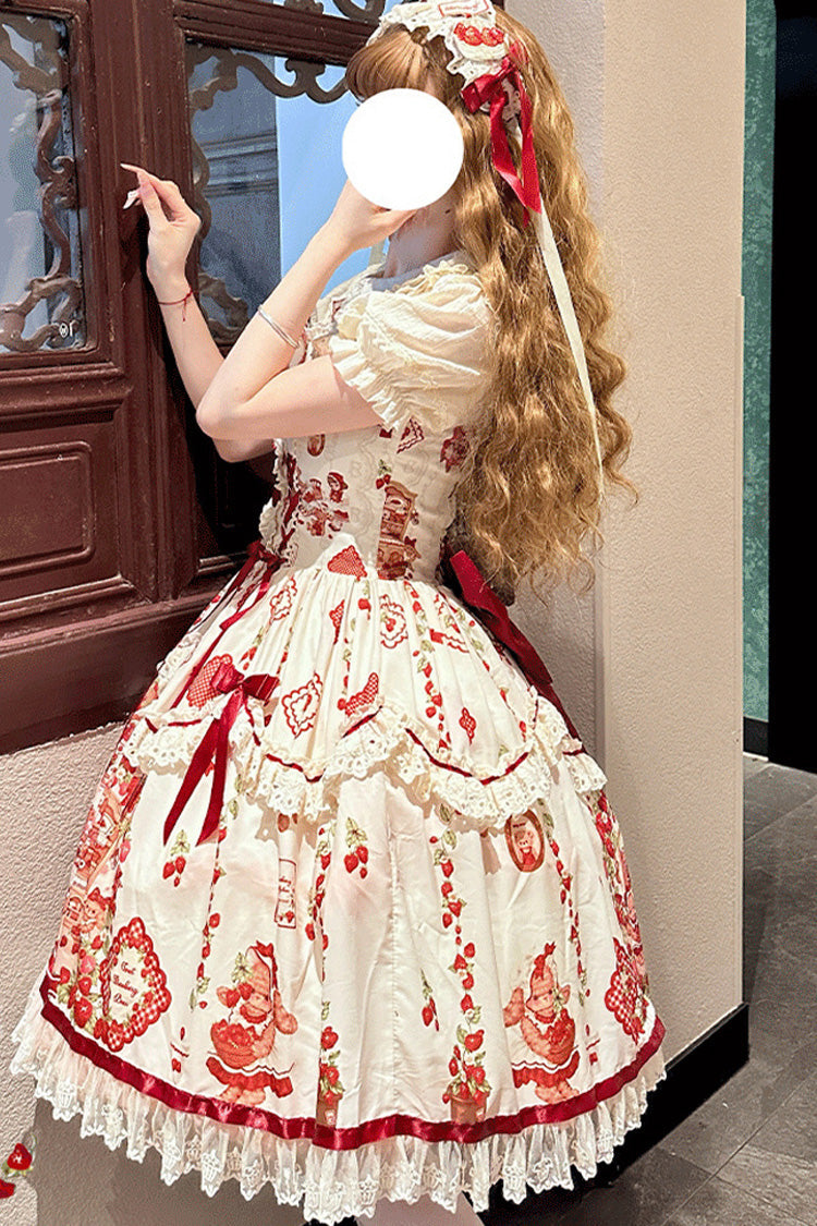 Ivory/Red Strawberry Bear Sleeveless Print Ruffle Embroidery Bowknot Lace Sweet Lolita Jsk Dress
