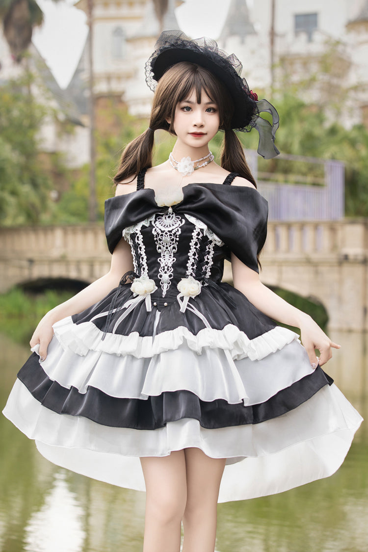 Black/White Rose Of The Night Sea And Starry Sky Off Shoulder Multi-Layered Ruffle Embroidery Sweet Lolita Dress