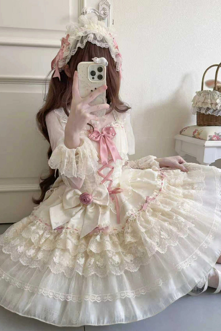 Apricot Rose Canticle Sleeveless Multi-Layered Bowknot Lace Lace-Up Pearl Ballet Sweet Lolita Jsk Dress