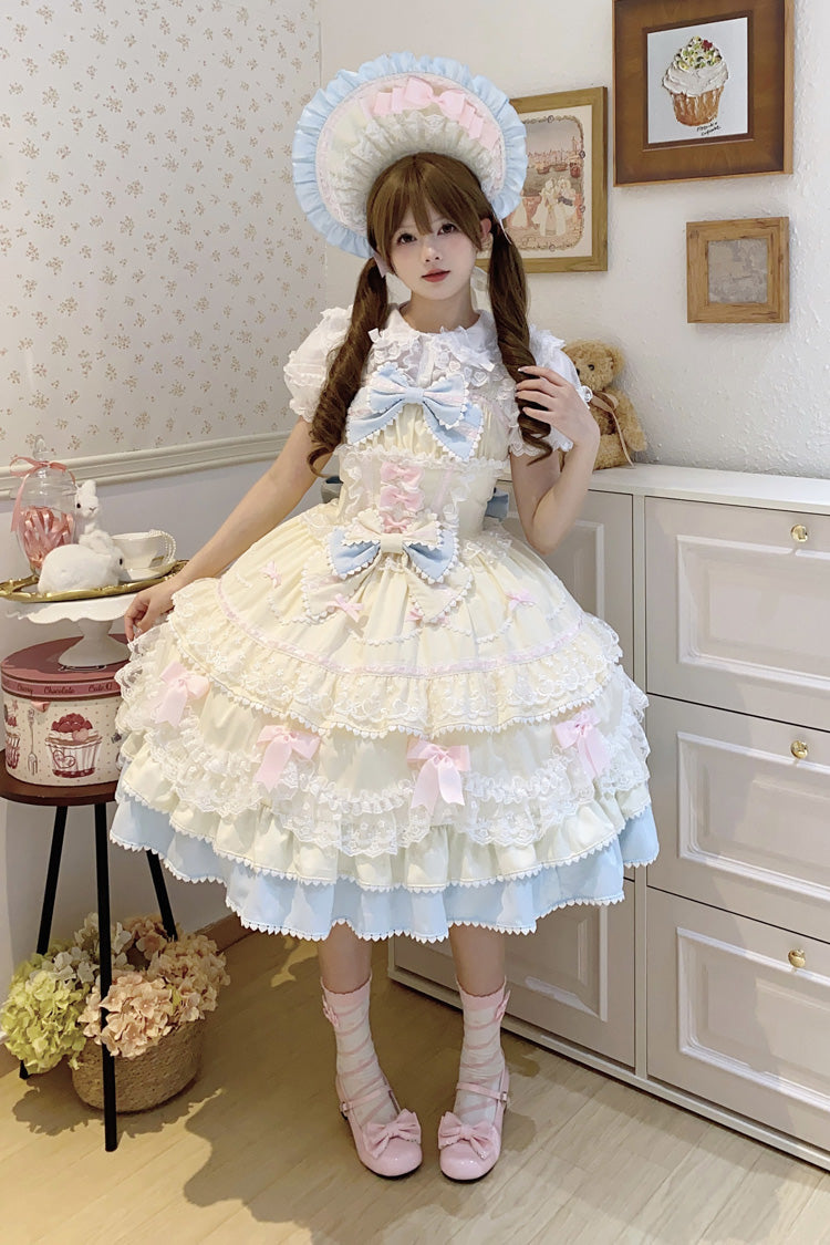 Yellow/Blue Fondant Cake Sleeveless Multi-Layered Ruffle Bowknot Lace Sweet Lolita Jsk Dress