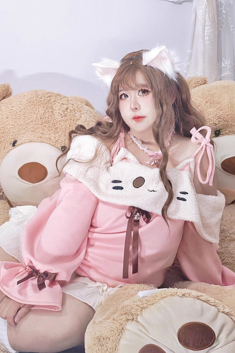 Pink/Beige Kitten Plus Size Boat Neck Long Lantern Sleeves Multi-Layered Ruffle Lace Sweet Lolita Skirt Set