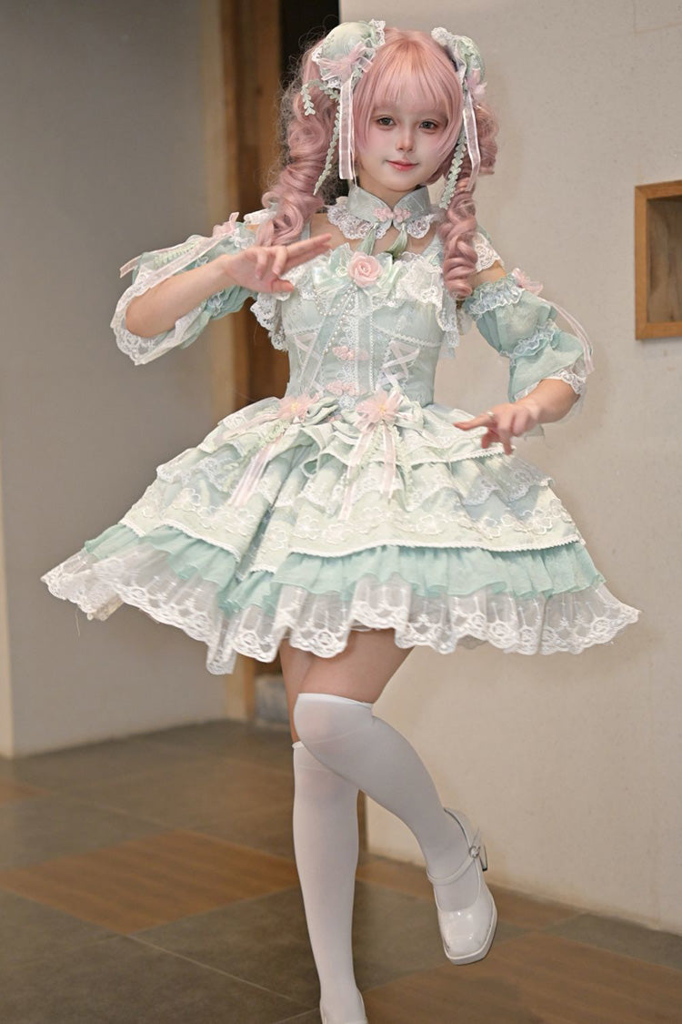 Green Rain of Peaches Sleeveless Multi-Layered Bowknot Lace Sweet Chinese Style Lolita Jsk Dress