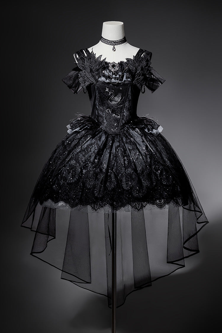 Black Star Swan Dream Ruffle Embroidery Bowknot Lace Gothic Lolita Jsk Dress