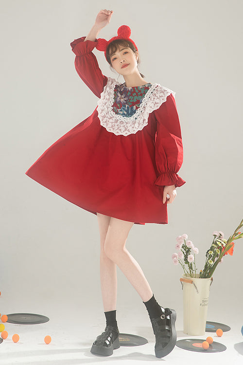 Red Lace Panel Round Collar Ruffled Long Sleeves High Waisted Sweet Lolita OP Dress
