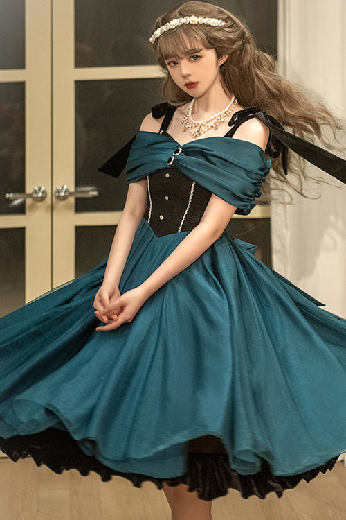 Green Elegant Off The Shoulder Anna's Letter High Waisted Sweet Lolita JSK Dress