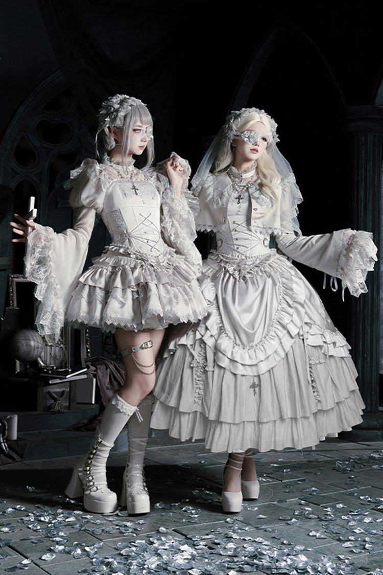 Solid Color Bionic Doll Square Collar Multi-Layered Ruffle Bowknot Lace-Up Gothic Lolita Long Skirt Corset Set