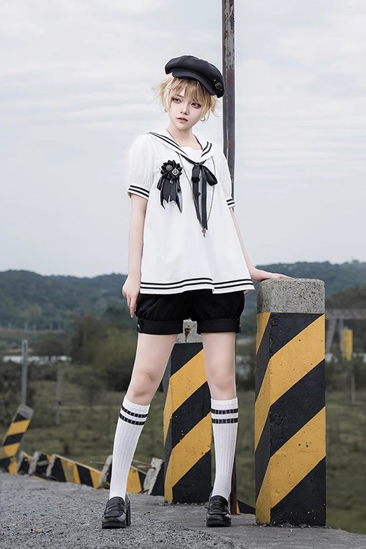Black/White Old Stories Navy Collar Short Sleeves Bowknot Ouji Gothic Lolita Blouse Shorts Set