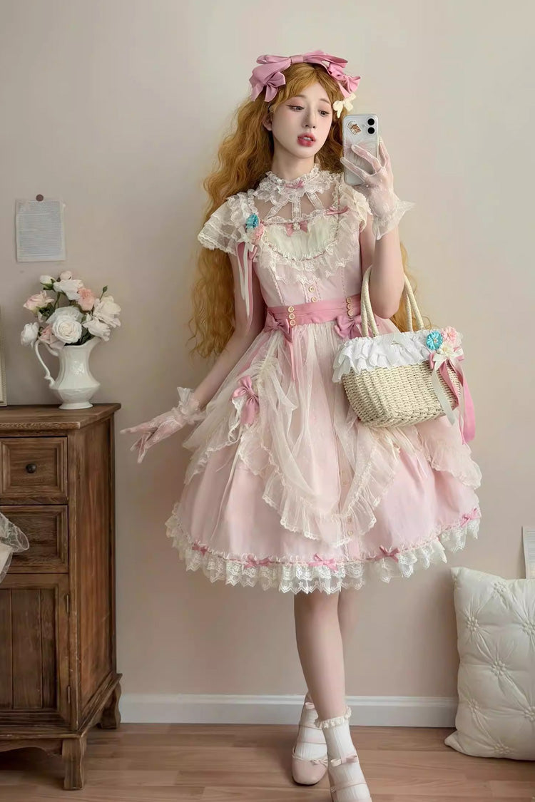 Pink Sakura's Spring Resonance Sleeveless Ruffled Bow Sweet Lolita Jsk Dress (Short Version)