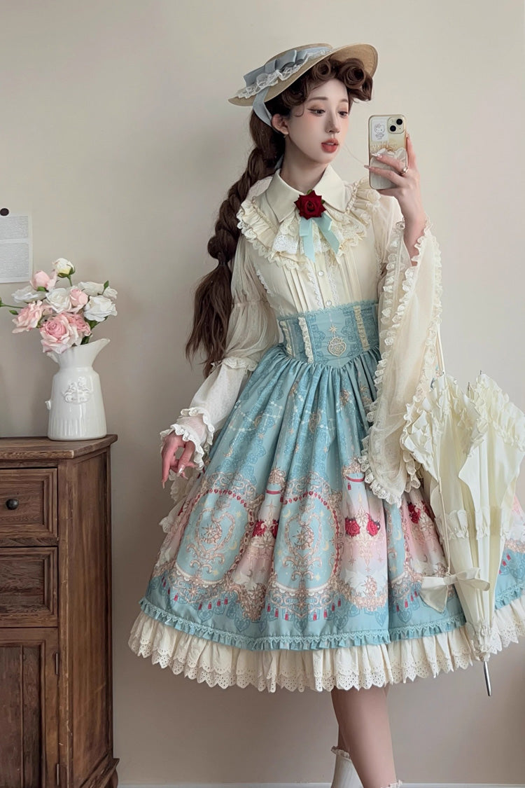 Blue Moonlit Garden Secret Print Ruffle Embroidery Lace Sweet Elegant Palace Lolita Skirt