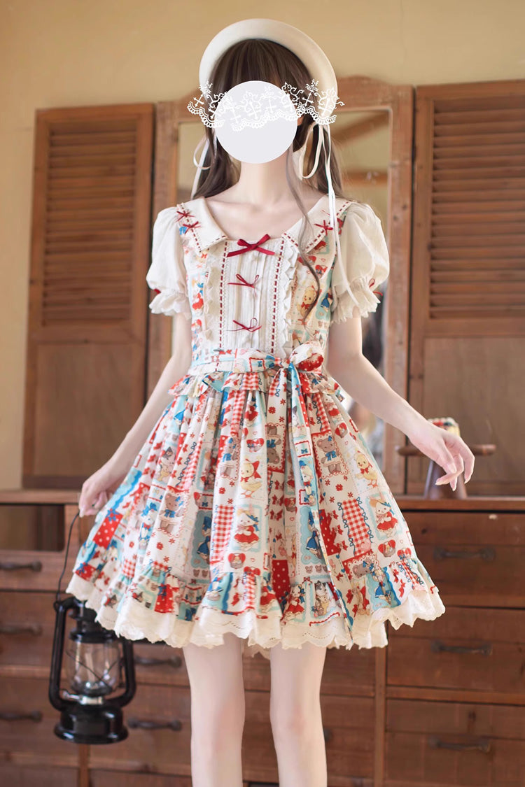 Multi-Color Linlang Painting Shop Short Sleeves Print Ruffle Bowknot Lace Sweet Vintage Lolita Dress