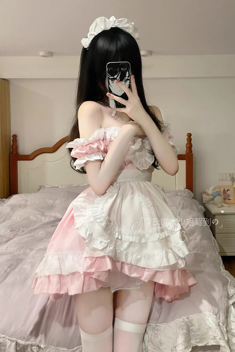 Pink Maid Off Shoulder Ruffle Plus Size Sweet Lolita Dress