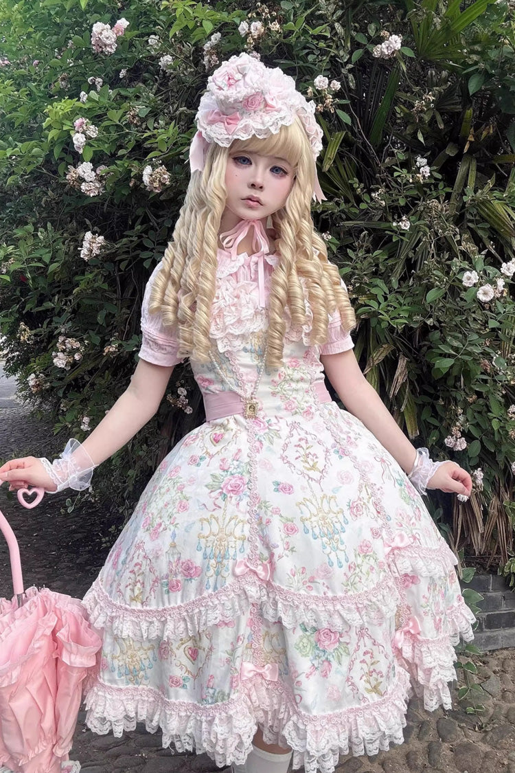 White/Pink Sleeveless Flower Wall Print Ruffle Bowknot Lace Sweet Lolita Jsk Dress