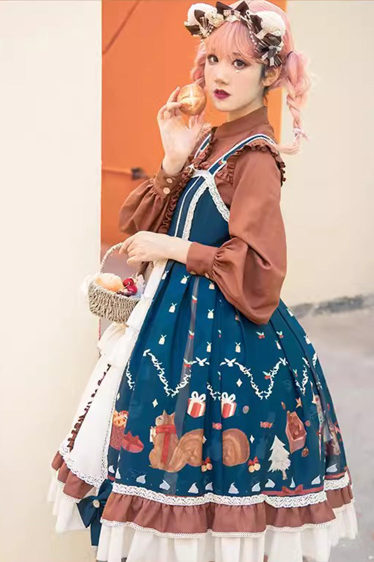 Multi-Color Christmas Far Away Print Ruffle Bowknot Sweet Princess Lolita Jsk Dress