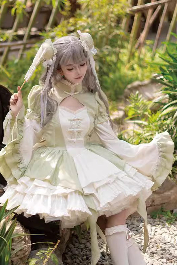 Green Long Trumpet Sleeves Ruffle Bowknot Lace Sweet Chinese Style Lolita Jsk Dress Set