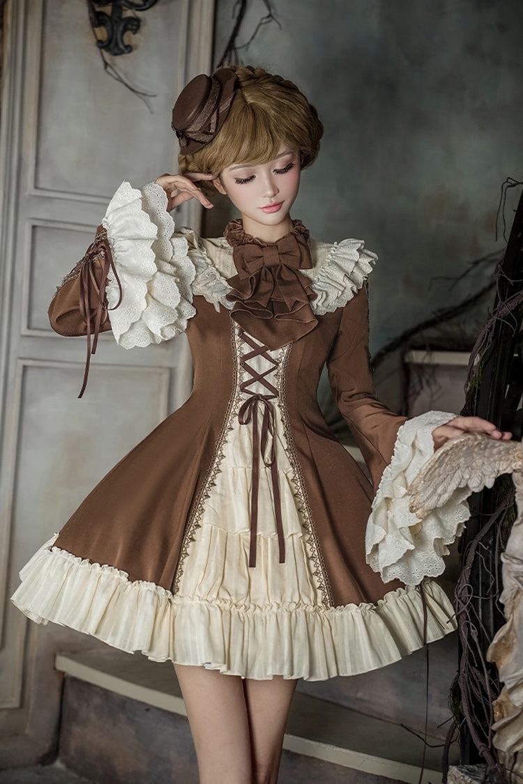 Brown/Beige Nutcracker Stand Collar Long Trumpet Sleeves Ruffle Cardigan Bowknot Lace-Up Sweet Lolita Dress Set 2 Versions
