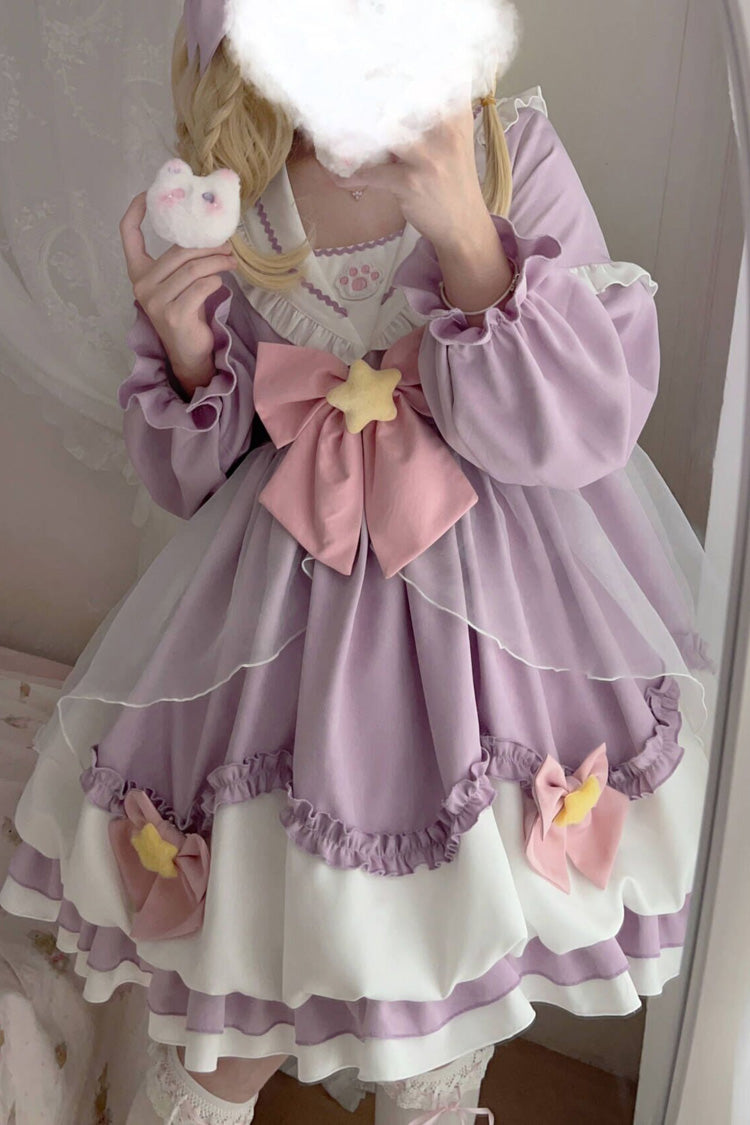 Pray Star Long Sleeves Double-Layered Ruffle Bowknot Stitching Lace Sweet Lolita Dress 5 Colors