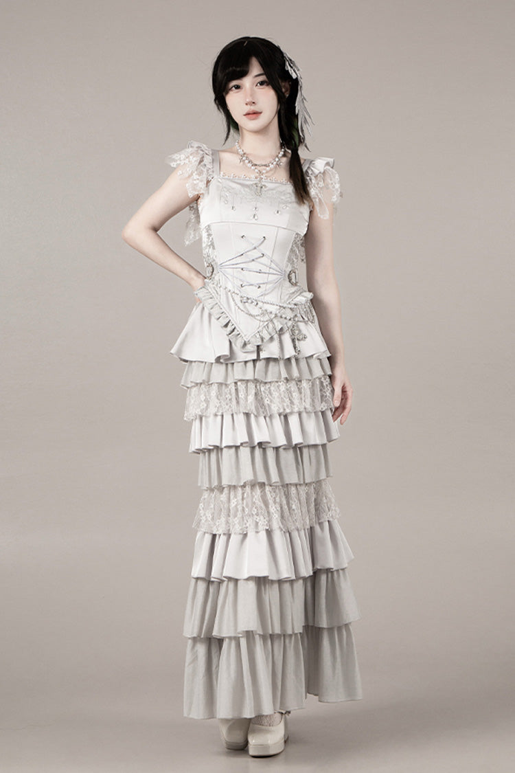 Solid Color Bionic Doll Square Collar Multi-Layered Ruffle Bowknot Lace-Up Gothic Lolita Fishtail Skirt Corset Set