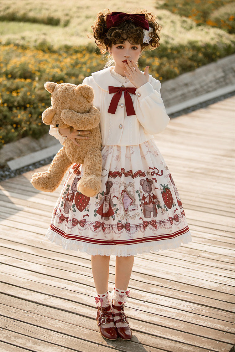 Ivory/Red Strawberry Bear Print Ruffle Bowknot Sweet Princess Lolita Jsk Dress