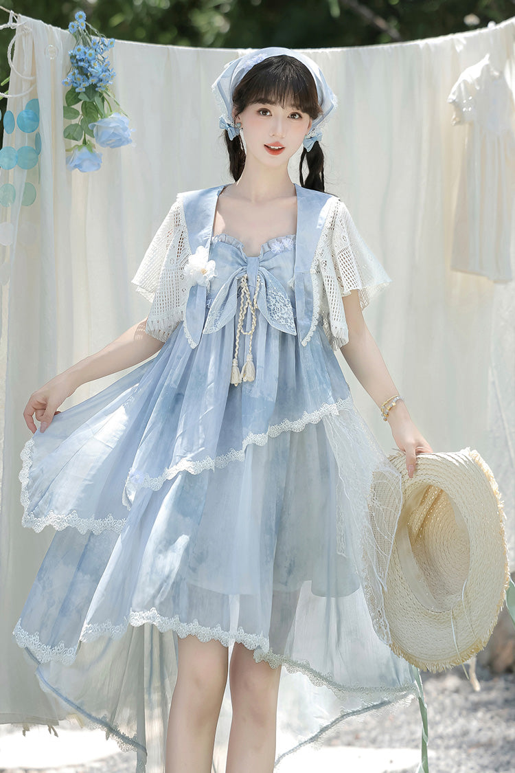 Blue Clouds Resting in the Wilderness Print Ruffle Embroidery Bowknot Lace Irregular Lolita Jsk Dress
