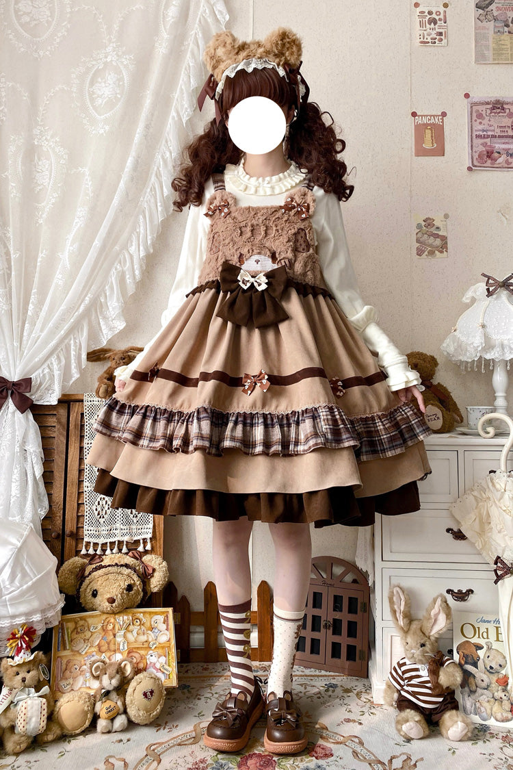 Brown Bear Triple-Layered Ruffle Bowknot Sweet Lolita Strap Dress