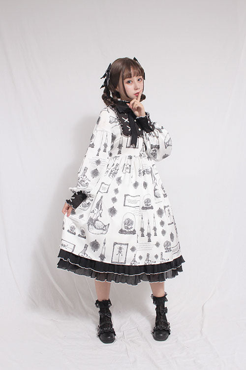 White Christian Pious Duck Print Long Sleeves Bowknot Sweet Lolita OP Dress