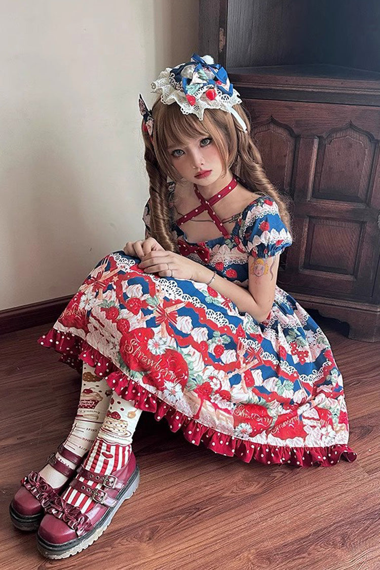 Cream Berry Fairy Red/Blue Short Sleeves Print Ruffle Bowknot Sweet Lolita Dress