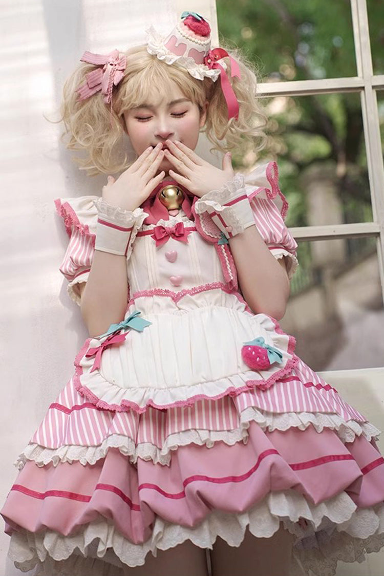 Pink Berry Bubbles Stripe Print Ruffle Bowknot Lace Sweet Lolita Dress