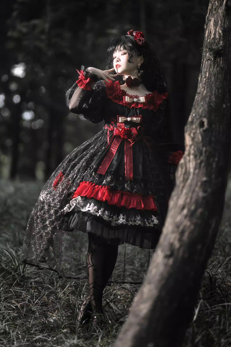 Black/Red Perlia's Night Long Puff Sleeves Ruffled Open-Front Bow Lace Gothic Lolita Dress