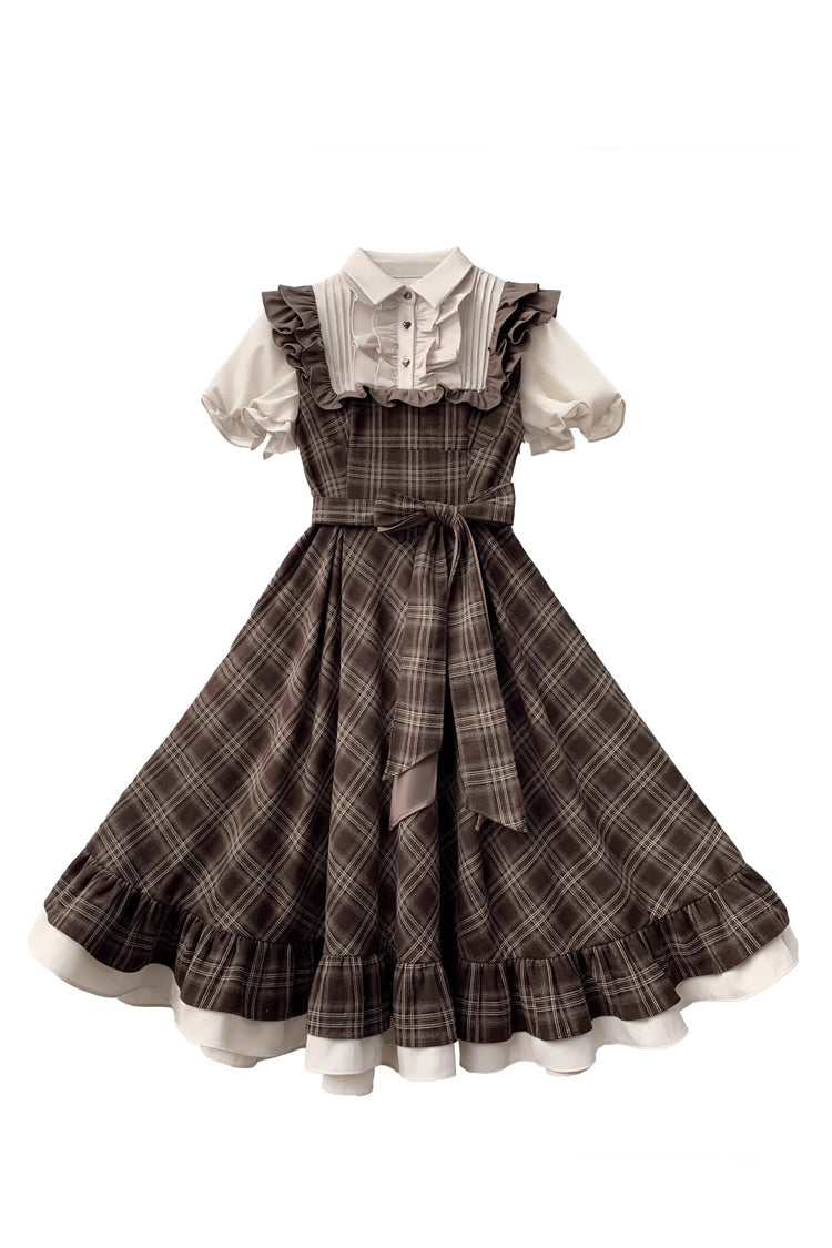 Brown The Thames at Dusk Print Short Sleeves Ruffle Bowknot Fake Two Pieces Vintage Lolita Dress