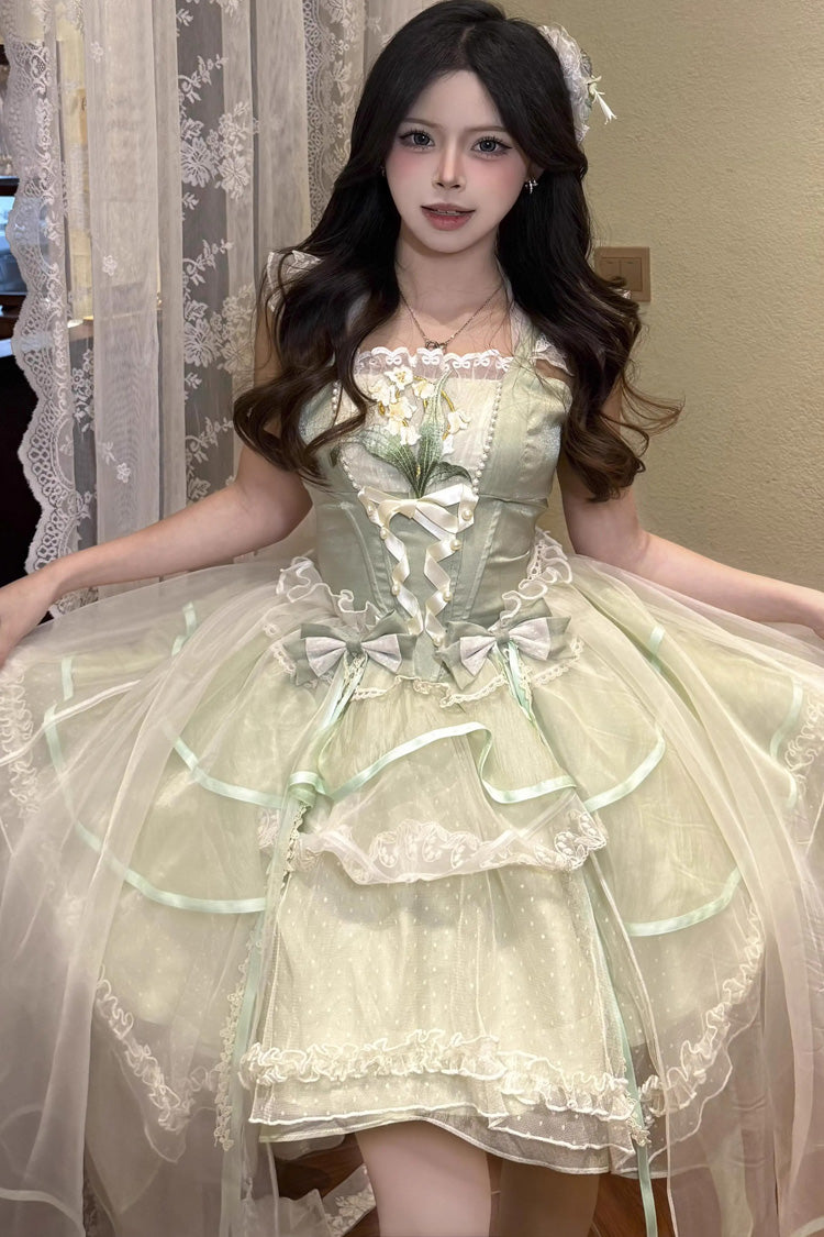 Green Lily of the Valley Summer Polka Dot Print Ruffle Bowknot Lace-Up Sweet Princess Lolita Jsk Dress