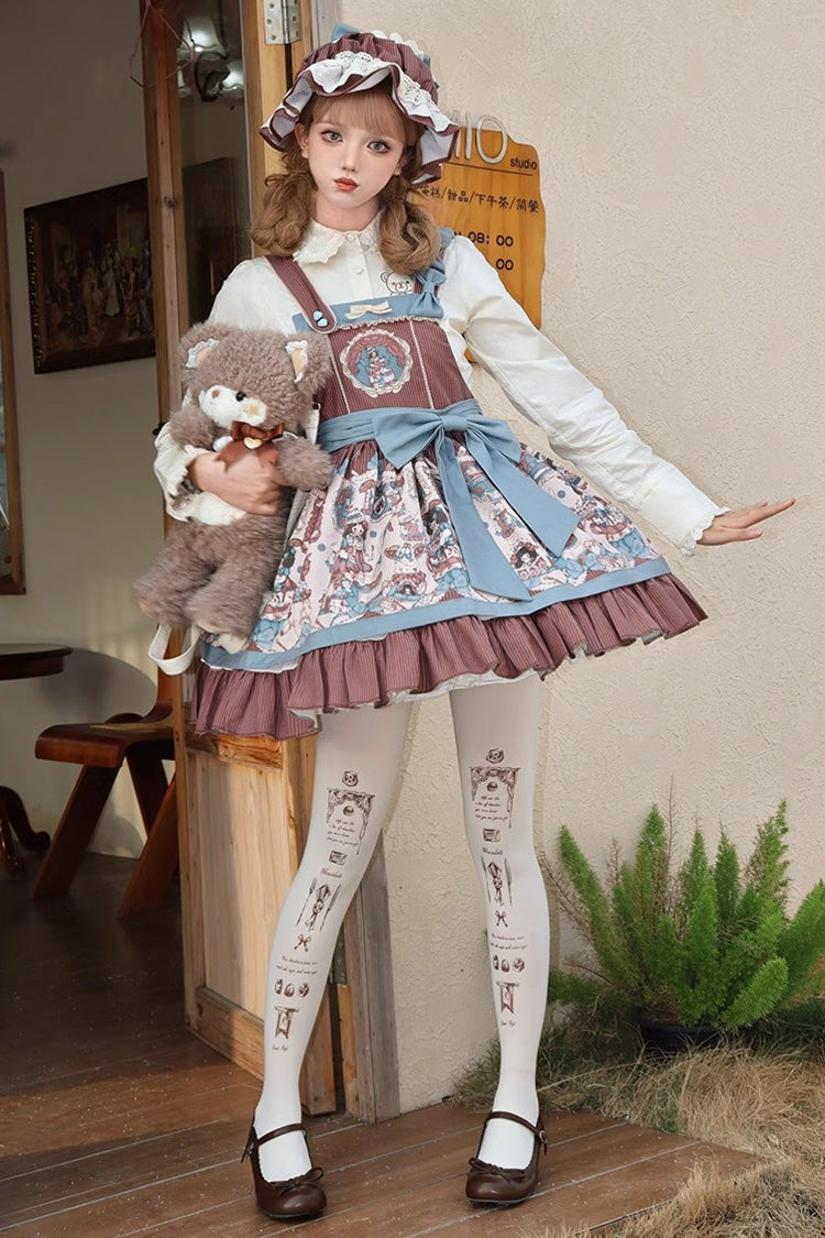 Brown Doll Print Ruffle Bowknot Sweet Lolita Strap Dress