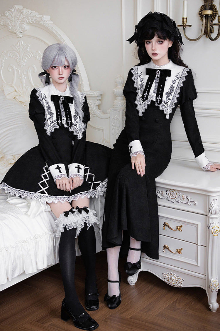 Black/White Rose Doll Square Collar Long Sleeves Bowknot Lace-Up Gothic Lolita Dress Set 2 Versions