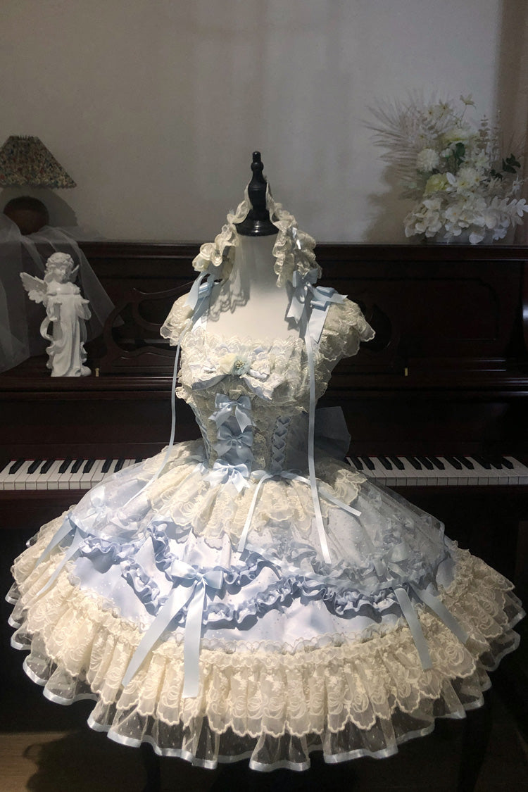 Blue Dreaming Butterfly Multi-Layered Jacquard Ruffle Bowknot Lace Sweet Princess Lolita Jsk Dress
