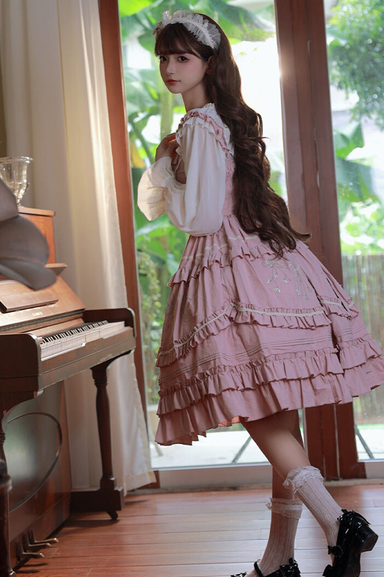 Pink Pastoral Style Double-Layered Ruffle Embroidery Sweet Lolita Jsk Dress