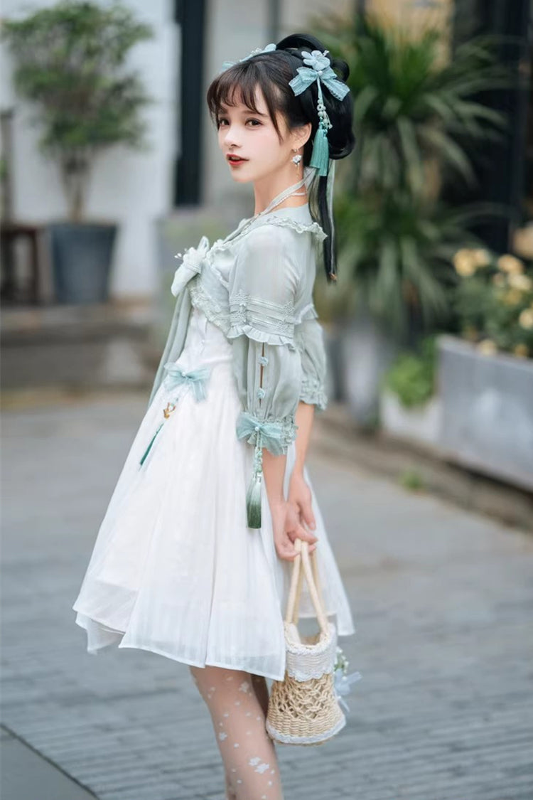 White/Green Half Sleeves Ruffled Bow Sweet Chinese Style Lolita Hanfu Dress