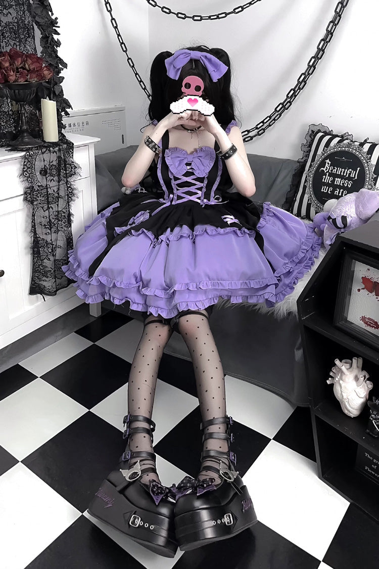Black/Purple Halloween Little Witch Sleeveless Double-Layered Ruffle Bowknot Lace-Up Gothic Lolita Jsk Dress