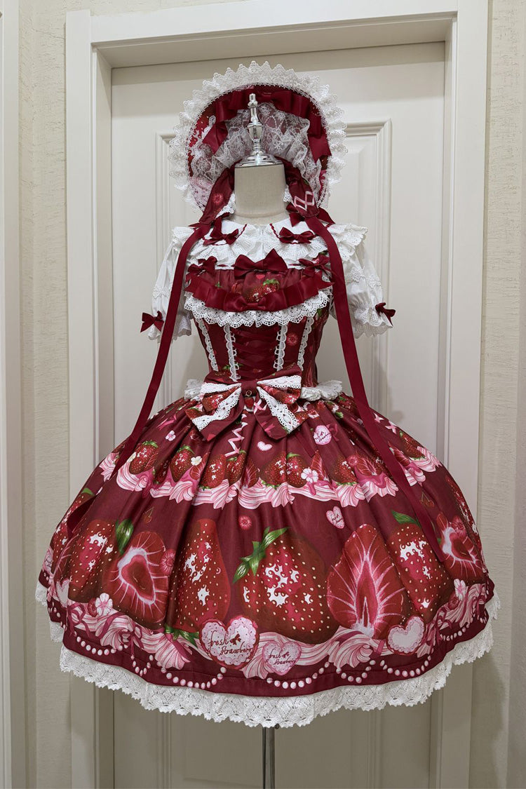 Sweet Berry Tale Strawberry Print Ruffle Bowknot Lace Sweet Lolita Jsk Dress 4 Colors