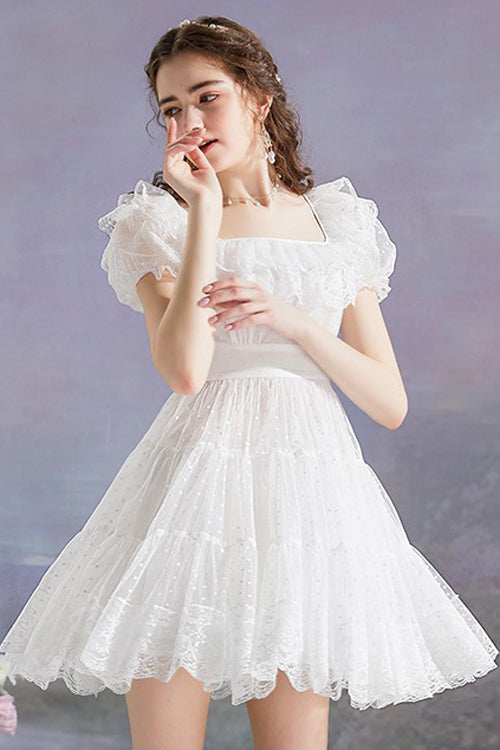 White Vintage Square Collar Ruffled Princess Short Sleeve Dot Print High Waisted Mesh Sweet Lolita Dress
