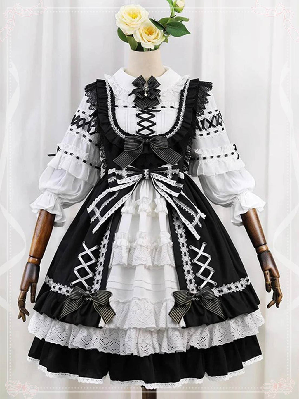 Sweet Lolita Black White Sleeveless Layer Ruffle Bow Lace JSK Dress